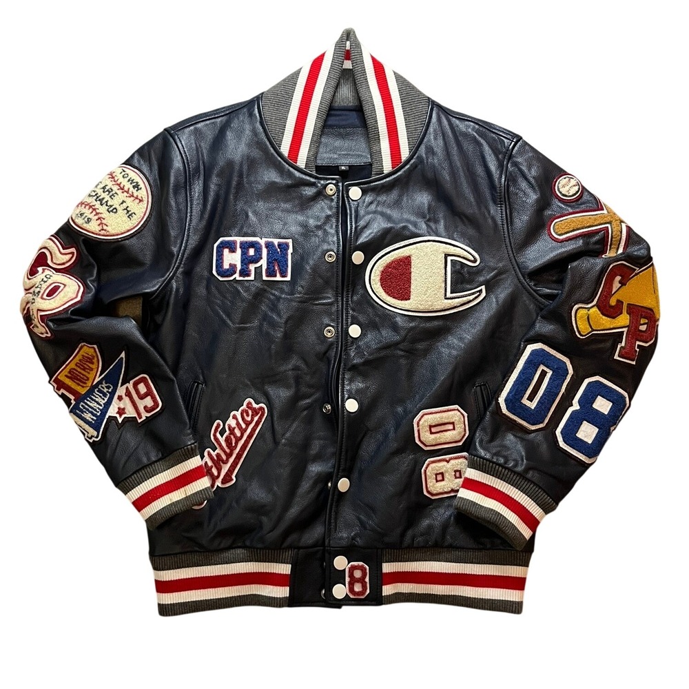 Champion Athletics Winning The Day Leather Varsity Jacket Navy Blue XL Patches